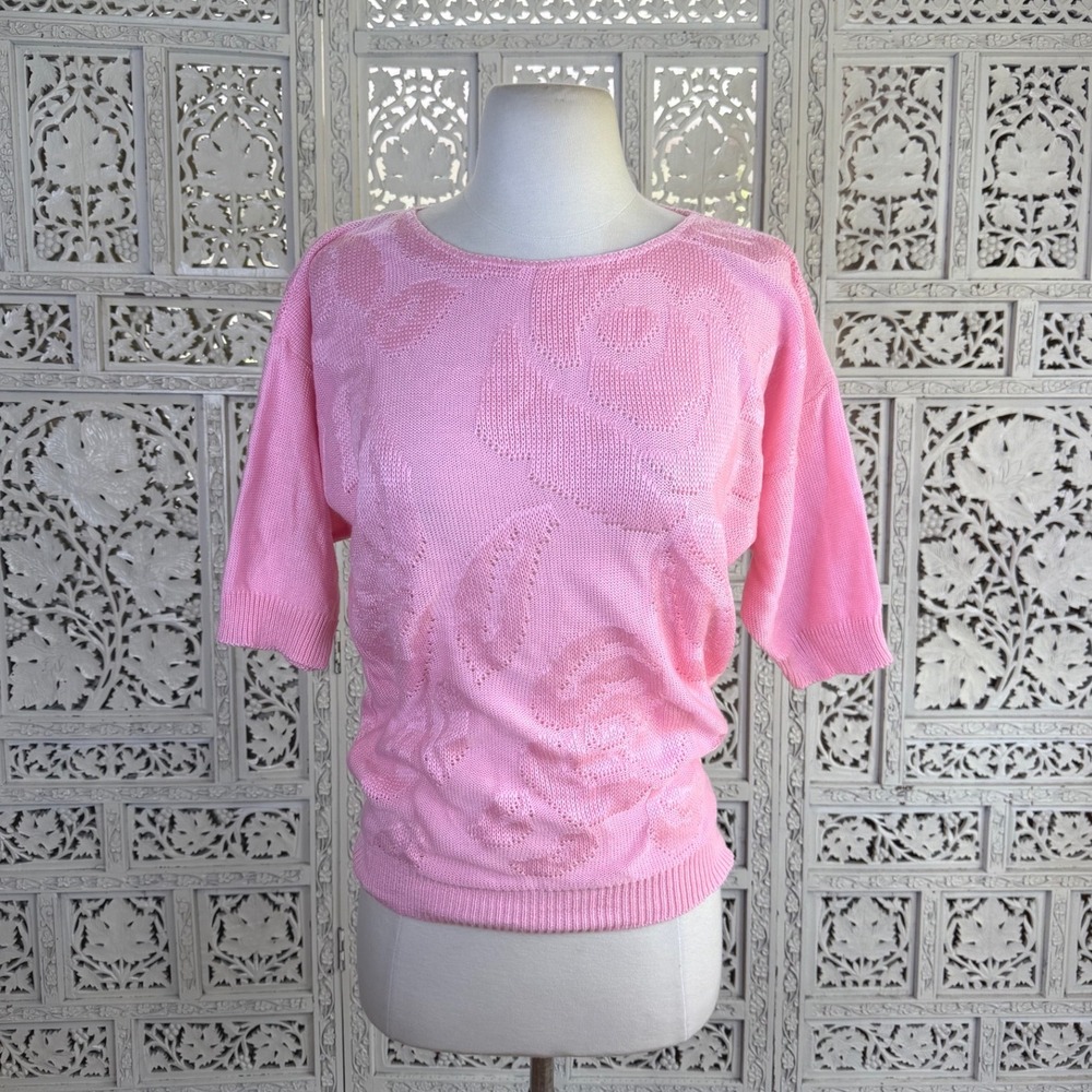 Vtg Pink Floral Granny Retro Short Sleeve Sweater Womens Medium Twee Coquette